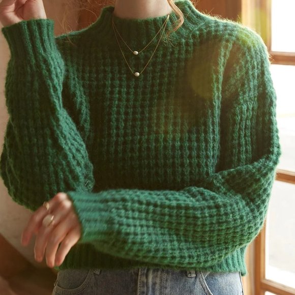 green waffle knit sweater fall winter trending chic casual - Picture 4 of 7